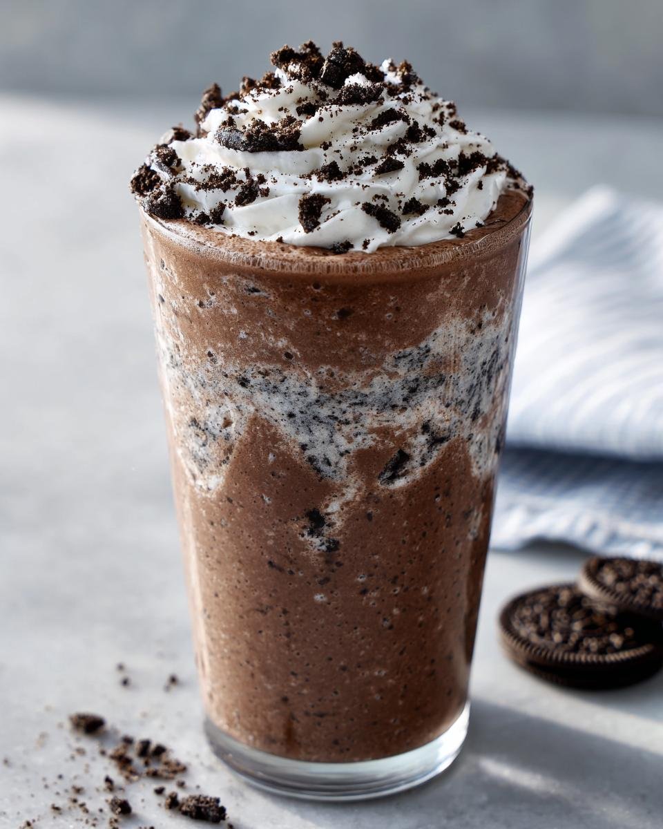 A tall glass filled with a thick, chocolate Oreo Milkshake, topped with whipped cream and cookie crumbles.