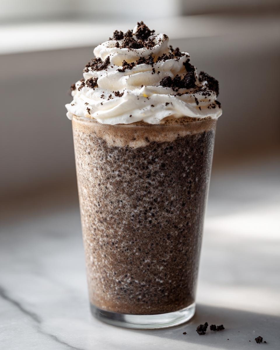 A tall glass filled with a thick, dark Oreo Milkshake, topped high with whipped cream and crushed cookie pieces.
