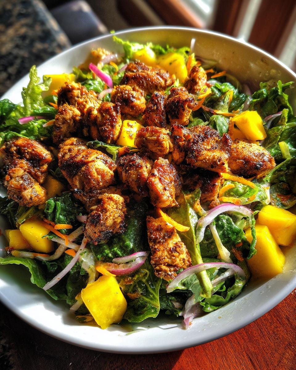 Close-up of Oven Baked Jamaican Jerk Chicken Salad with greens, mango chunks, and red onion.