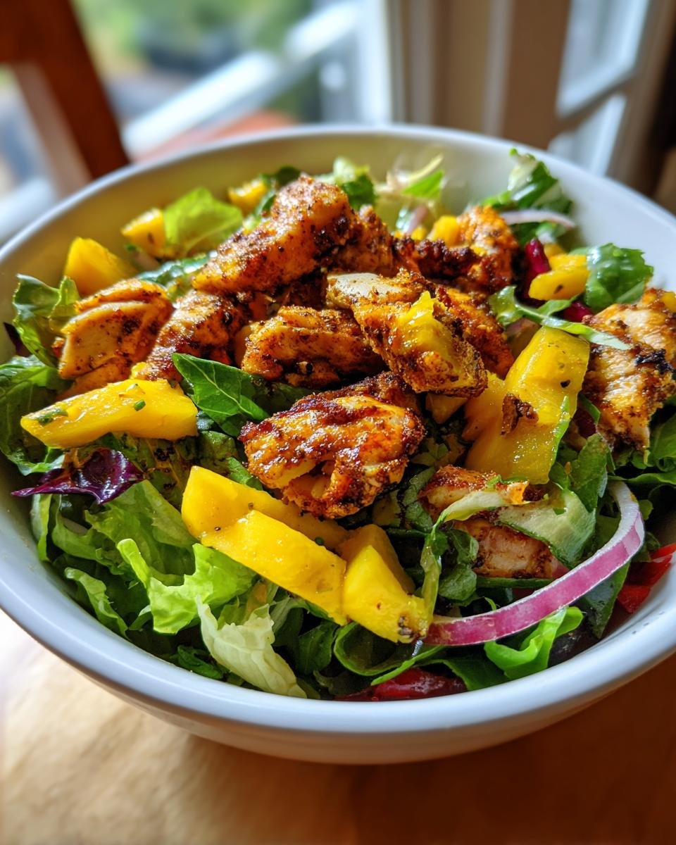 Close-up of Oven Baked Jamaican Jerk Chicken Salad featuring seasoned chicken pieces, mango, and mixed greens.