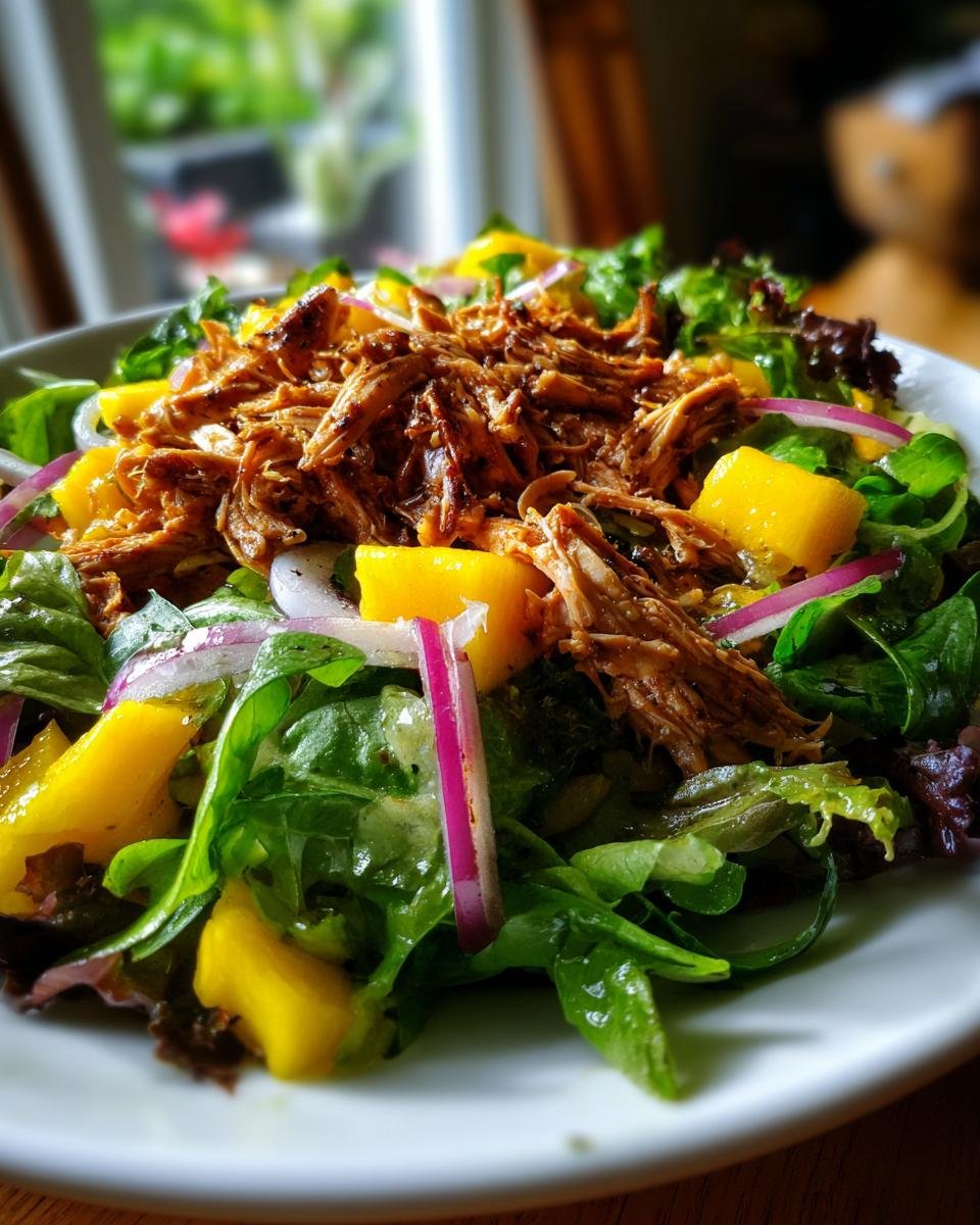 Close-up of Oven Baked Jamaican Jerk Chicken Salad topped with shredded jerk chicken, mango, and red onion.