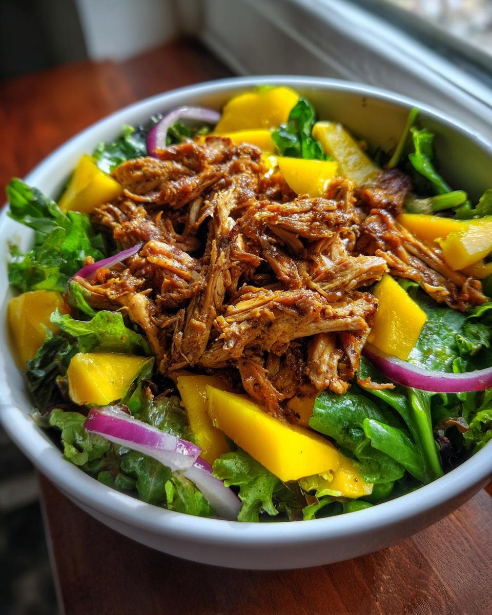 Close-up of Oven Baked Jamaican Jerk Chicken Salad with shredded jerk chicken, mango chunks, and red onion slices.
