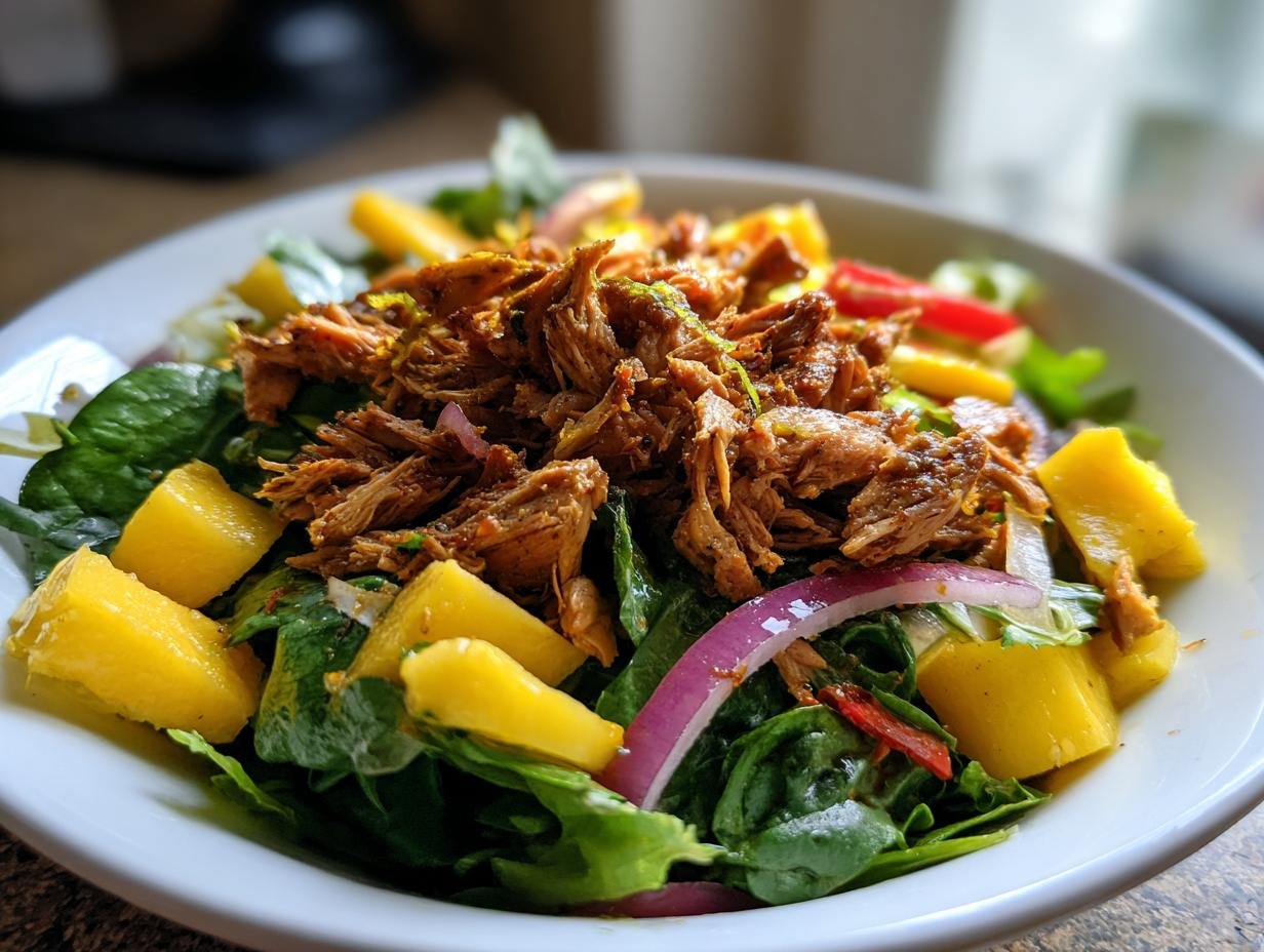 Close-up of Oven Baked Jamaican Jerk Chicken Salad featuring shredded jerk chicken, mango chunks, and red onion over greens.