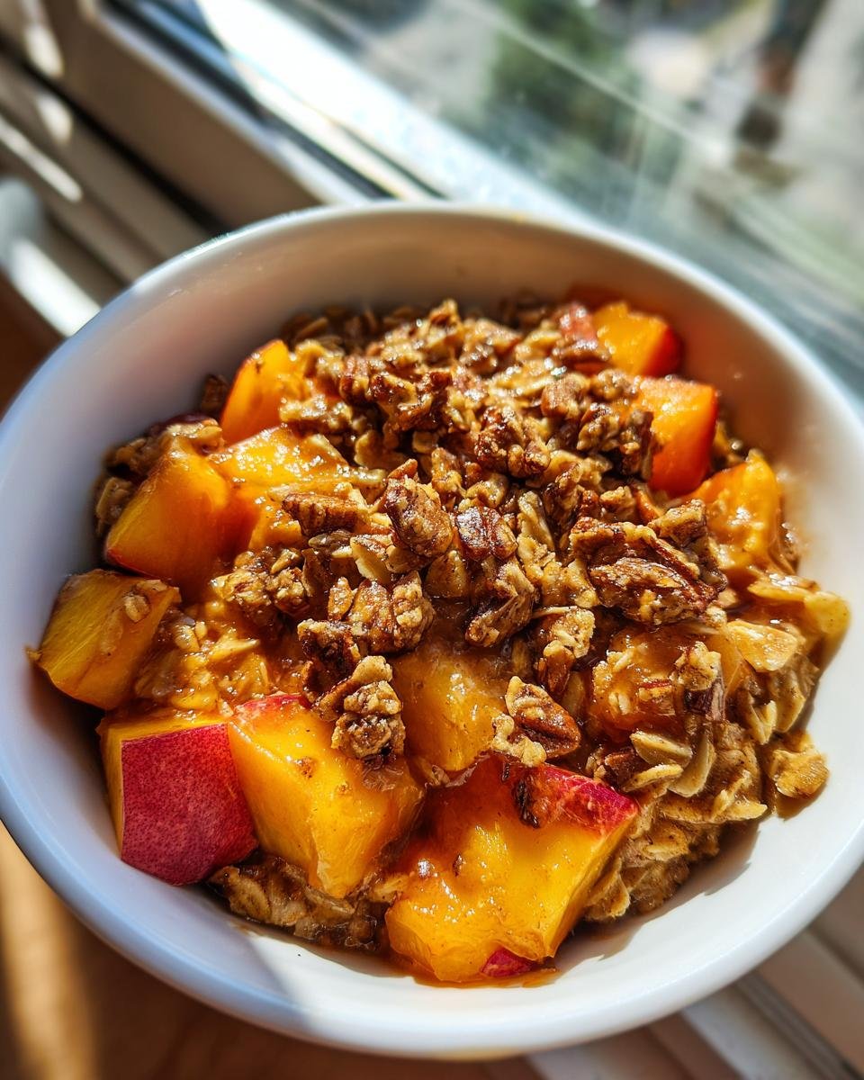 Close-up of a white bowl filled with Peach Crisp Oatmeal Porridge Vegan, topped with fresh peach chunks and pecan crumble.