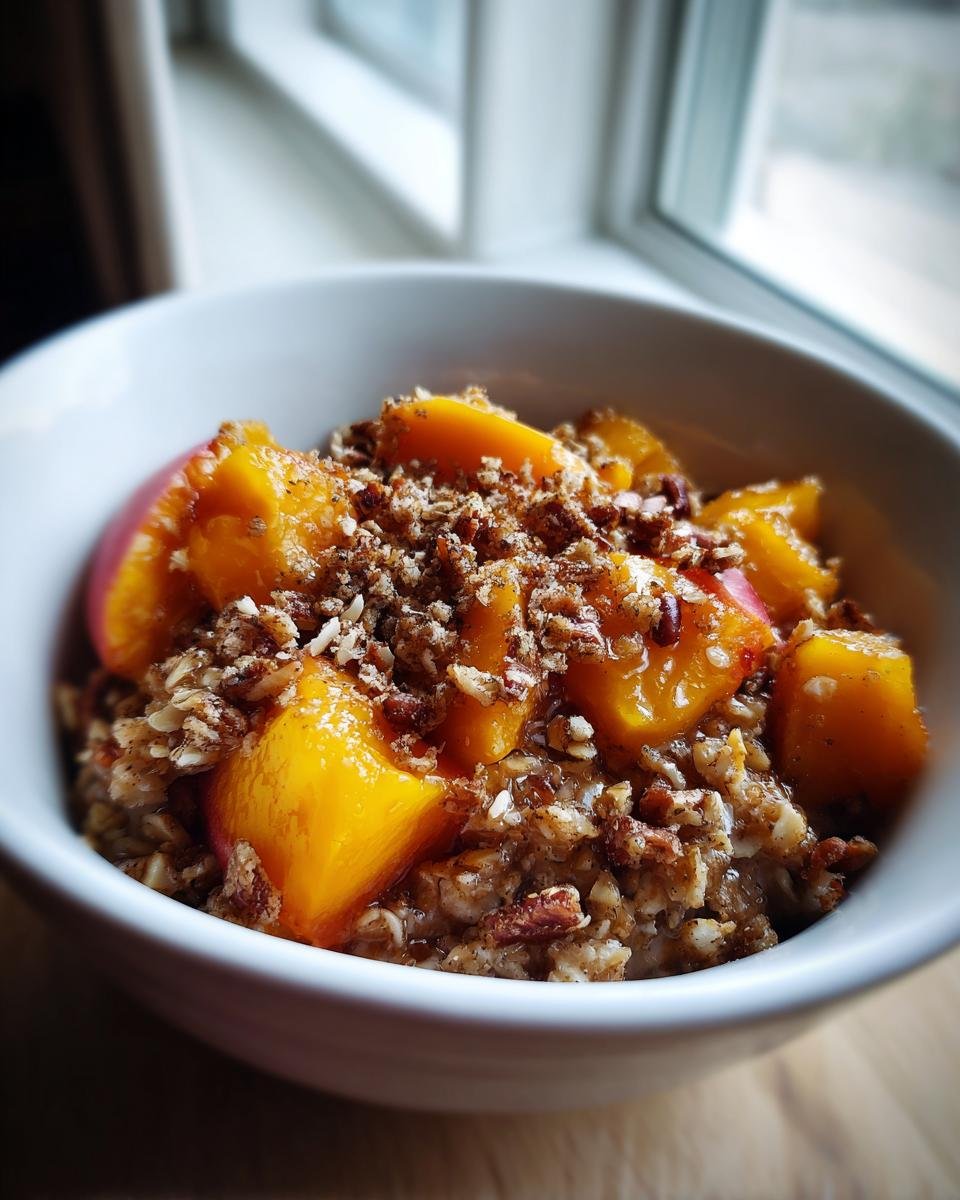 Close-up of a white bowl filled with Peach Crisp Oatmeal Porridge Vegan, topped with fresh peach slices and pecan crumble.