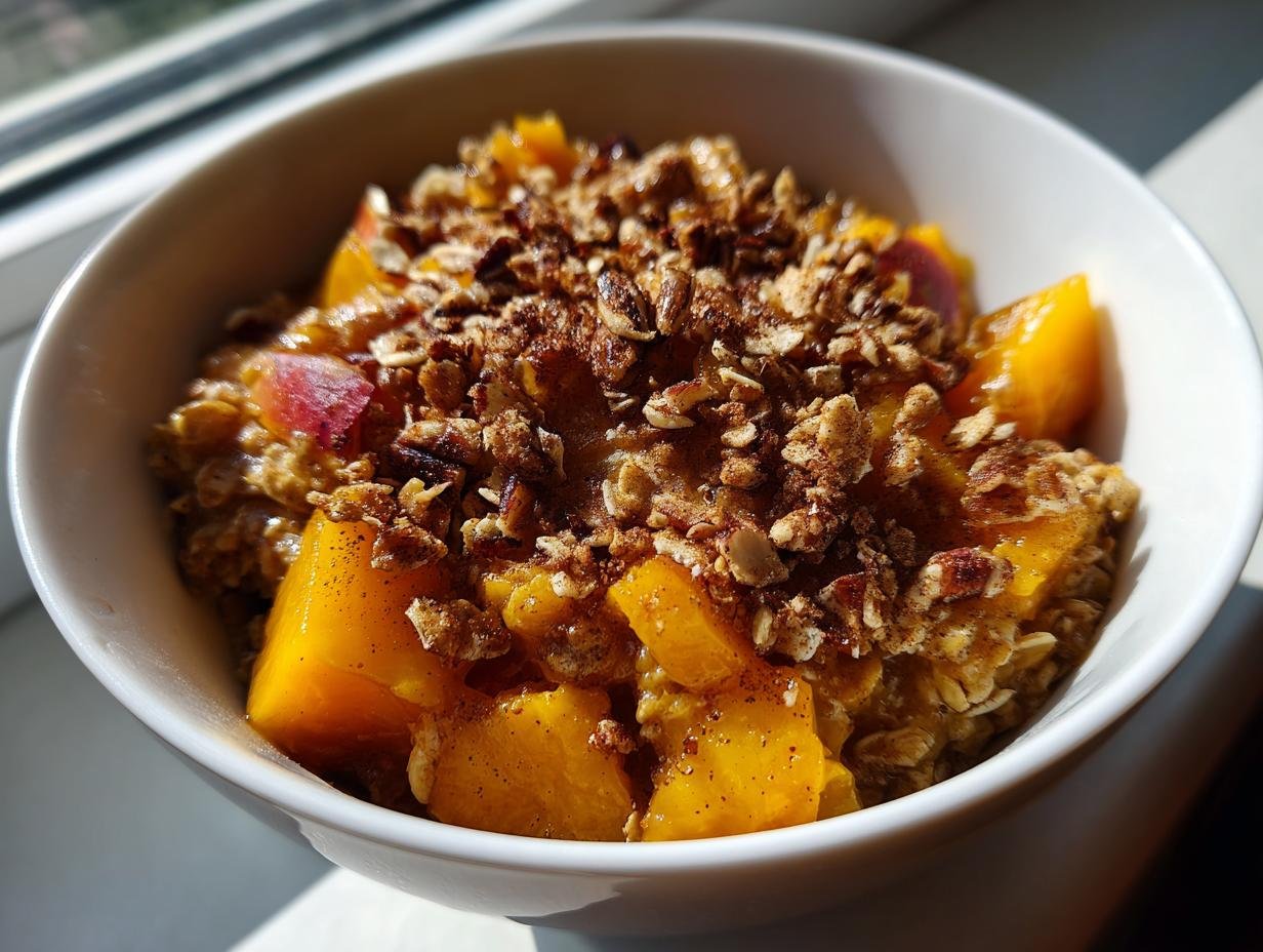 Close-up of a white bowl filled with Peach Crisp Oatmeal Porridge Vegan, topped with crumble and pecans.