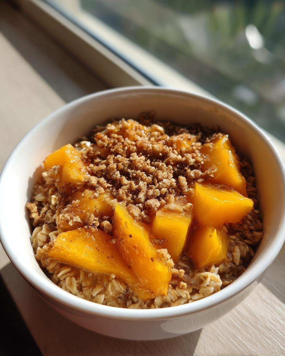 Close-up of a bowl of Peach Crisp Oatmeal Porridge Vegan topped with caramelized peach slices and crumble.