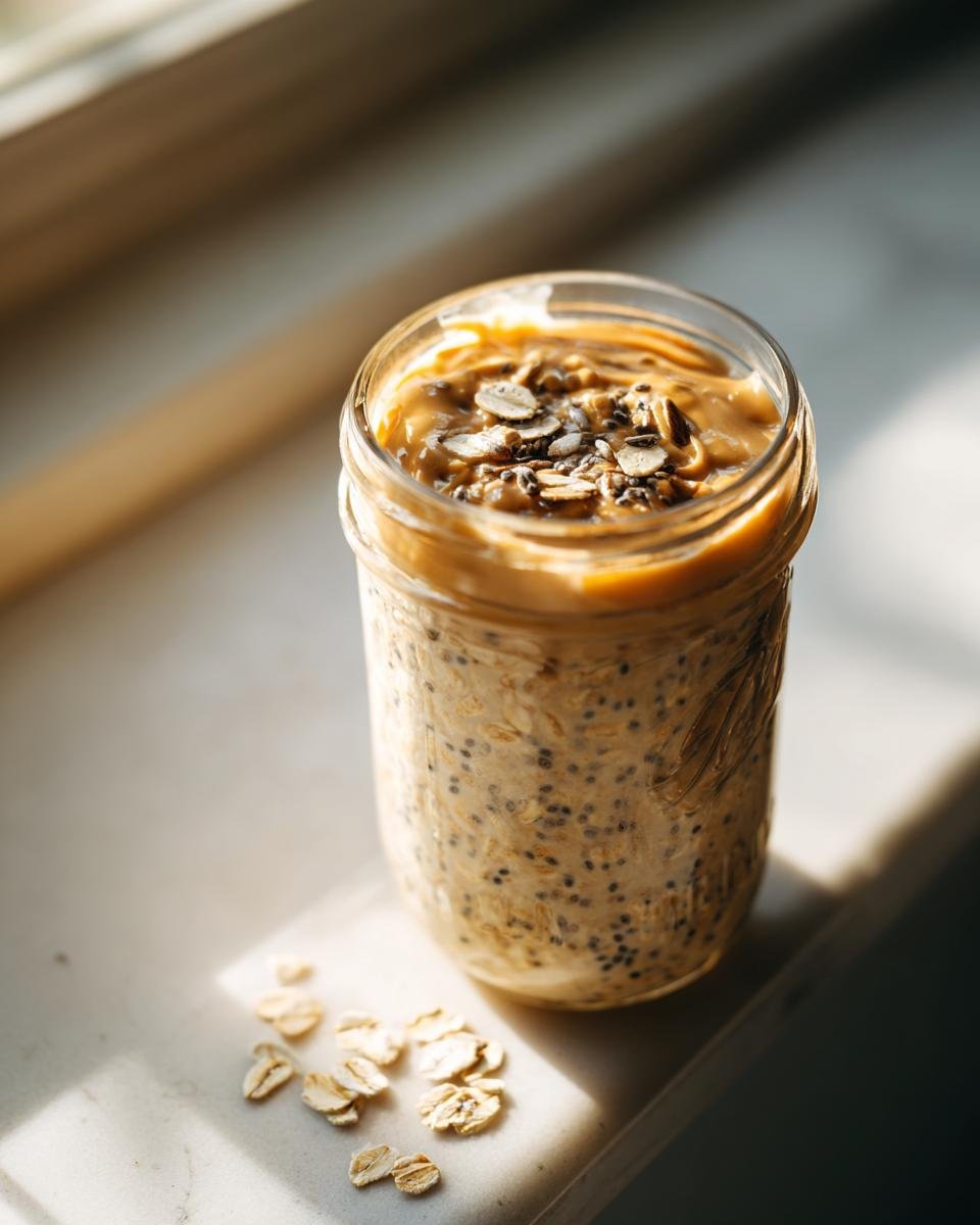 A jar of Peanut Butter Chia Seed Overnight Oats topped with peanut butter and seeds, sitting in sunlight.