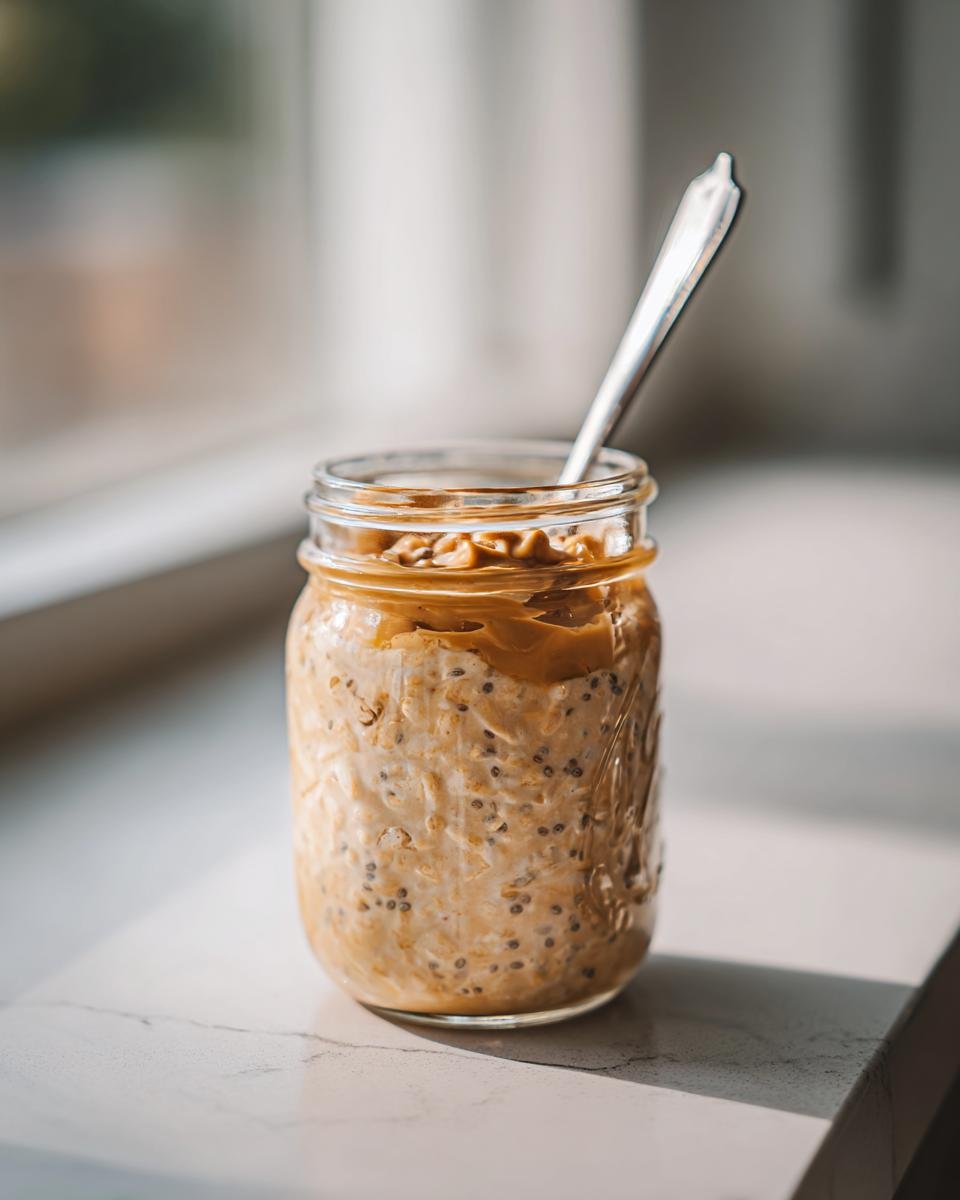 Close-up of Peanut Butter Chia Seed Overnight Oats topped with peanut butter in a mason jar.