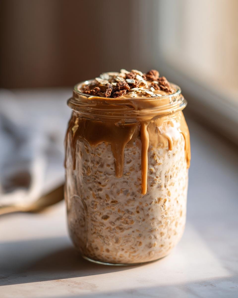 A glass jar filled with creamy Peanut Butter Chia Seed Overnight Oats, topped with drizzles of peanut butter and granola.