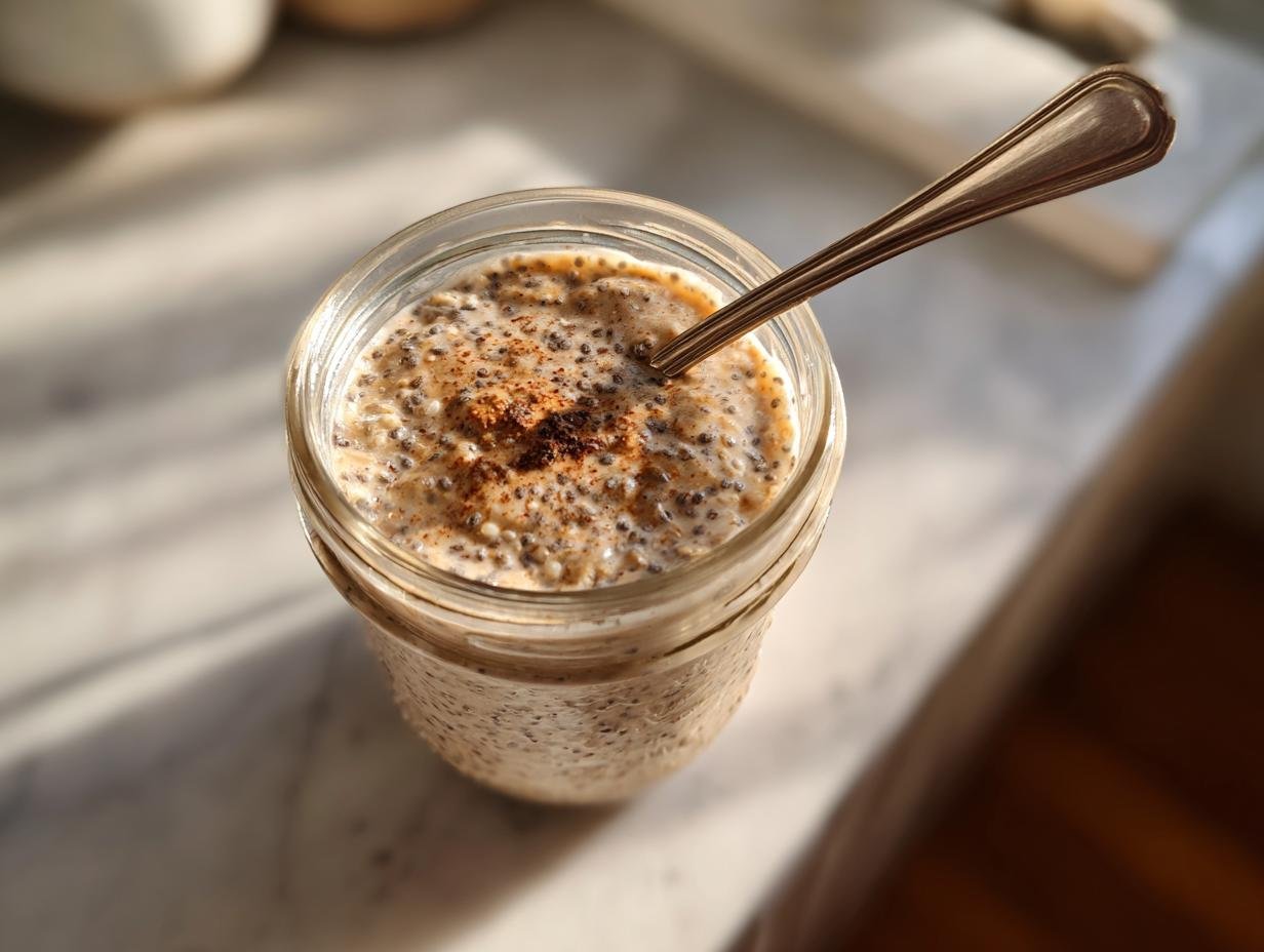 Overhead view of Peanut Butter Chia Seed Overnight Oats in a glass jar with a spoon, topped with cinnamon.
