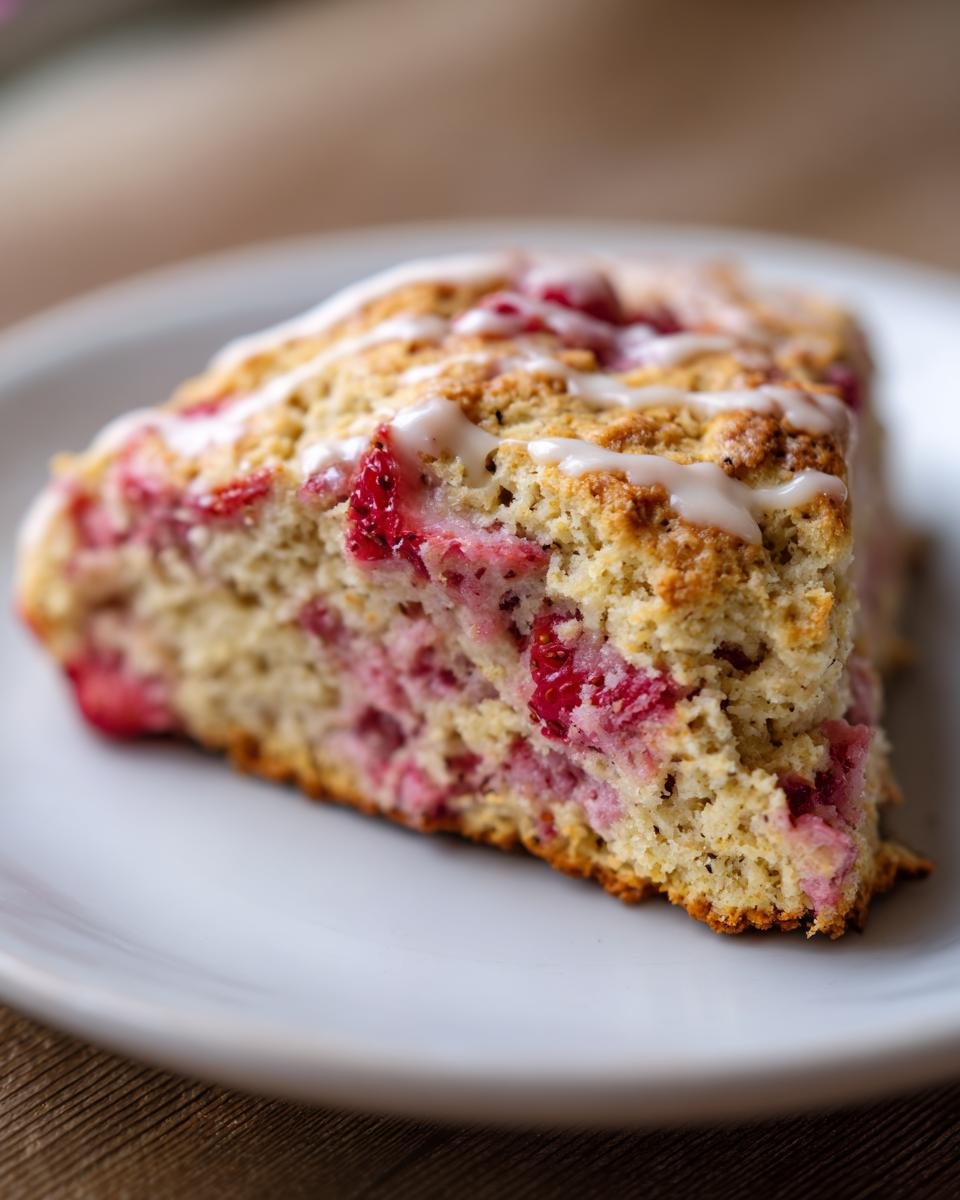 Close-up of a moist slice of Perfect Strawberry Oatmeal Scones, studded with pink strawberries and drizzled with white icing.