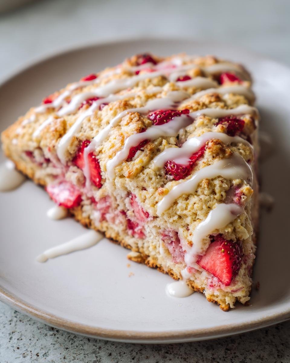 Close-up of a wedge-shaped Perfect Strawberry Oatmeal Scones, drizzled with white icing.