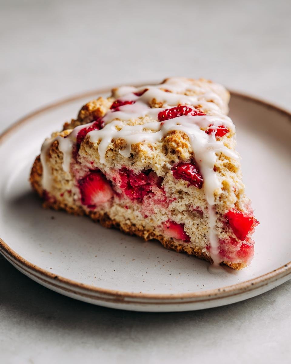 A triangular slice of Perfect Strawberry Oatmeal Scones topped with a sweet white glaze, showing baked strawberries inside.