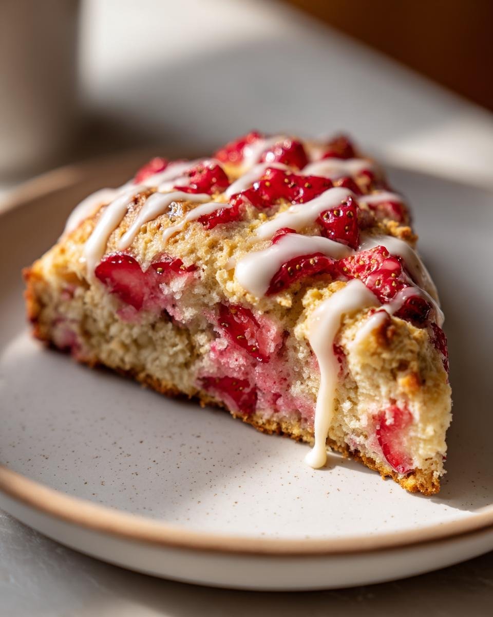 Close-up of a slice of Perfect Strawberry Oatmeal Scones topped with fresh strawberries and white vanilla glaze.