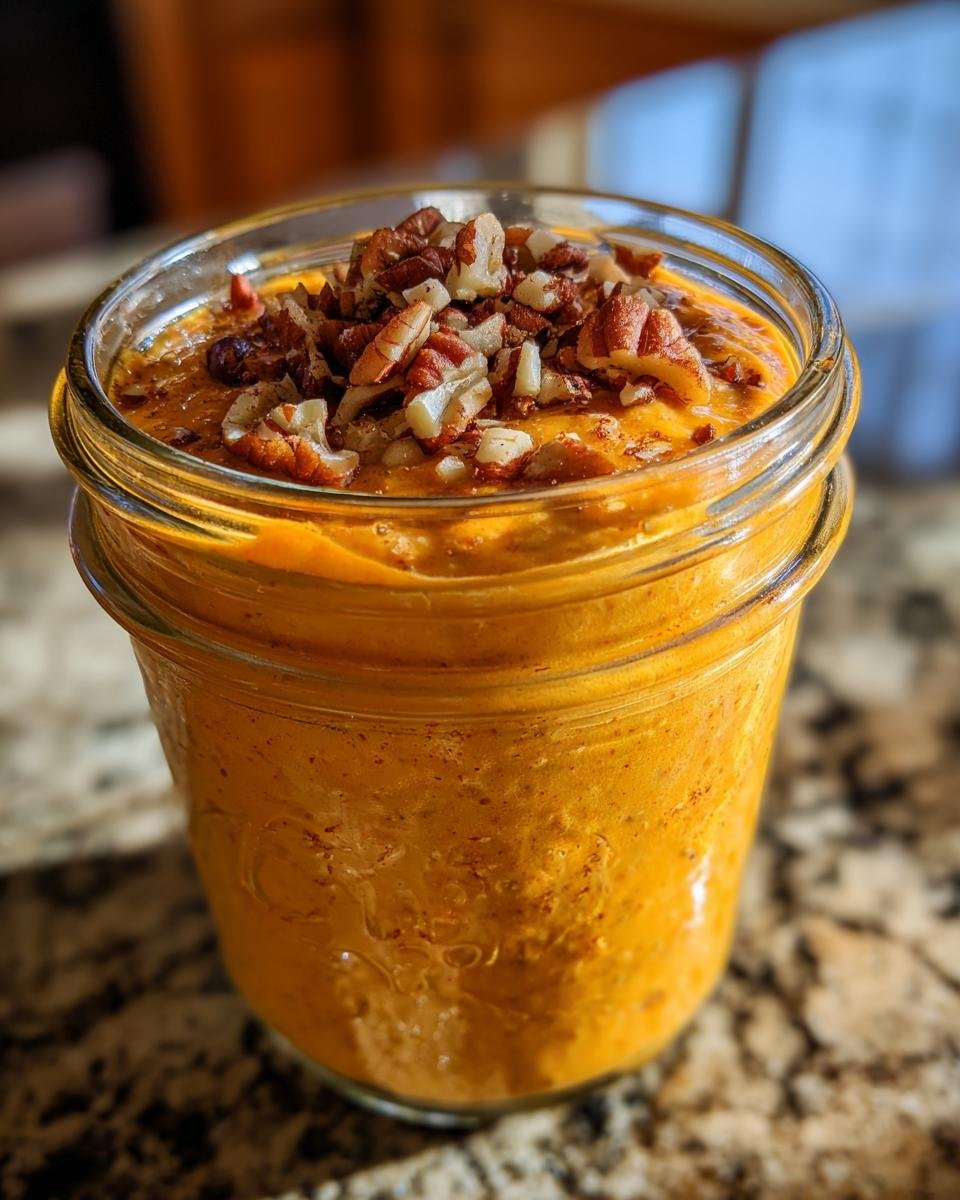 Close-up of creamy Pumpkin Spice Overnight Oats in a glass jar, topped with chopped pecans.