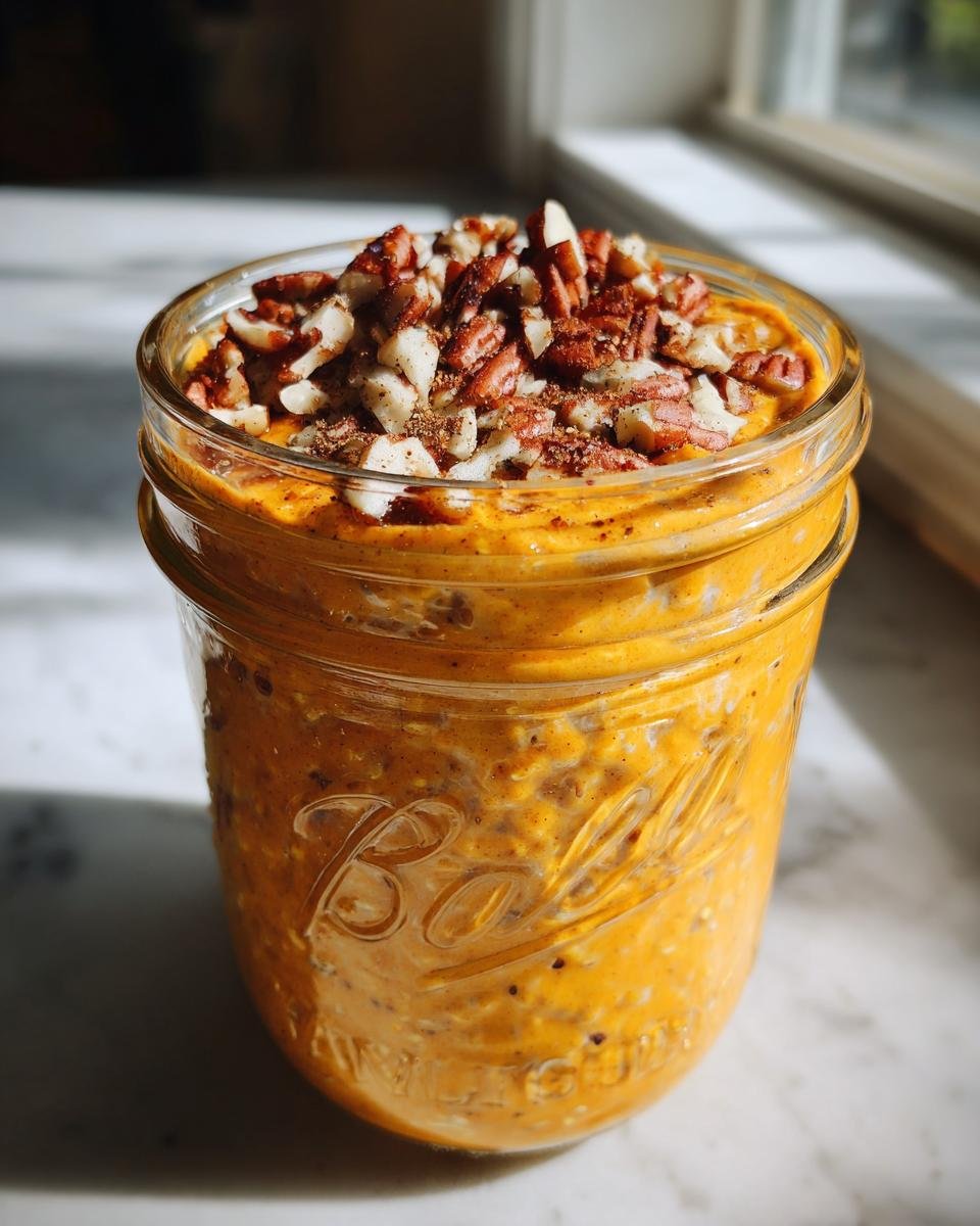 Close-up of Pumpkin Spice Overnight Oats in a Ball mason jar, topped with chopped pecans.