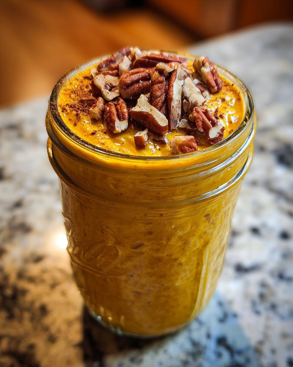 Close-up of Pumpkin Spice Overnight Oats in a mason jar, topped generously with chopped pecans.