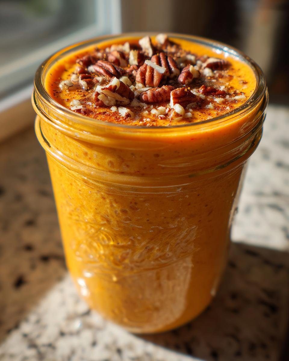 Close-up of Pumpkin Spice Overnight Oats in a mason jar, topped generously with chopped pecans.