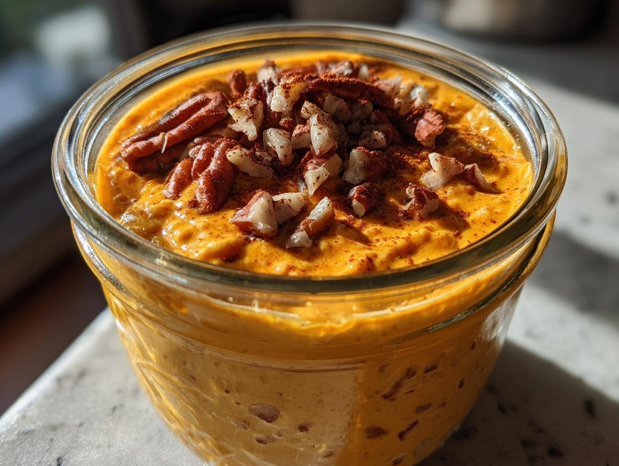 A glass jar filled with creamy, orange Pumpkin Spice Overnight Oats, topped with chopped pecans and cinnamon.