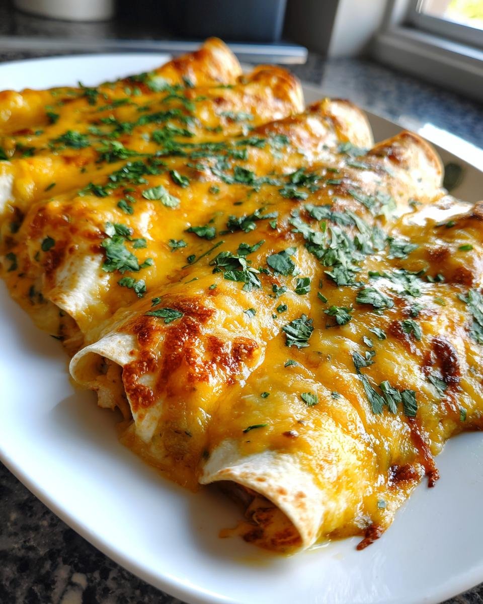 Close-up of baked Queso Chicken Enchiladas smothered in melted orange cheese and topped with fresh cilantro.