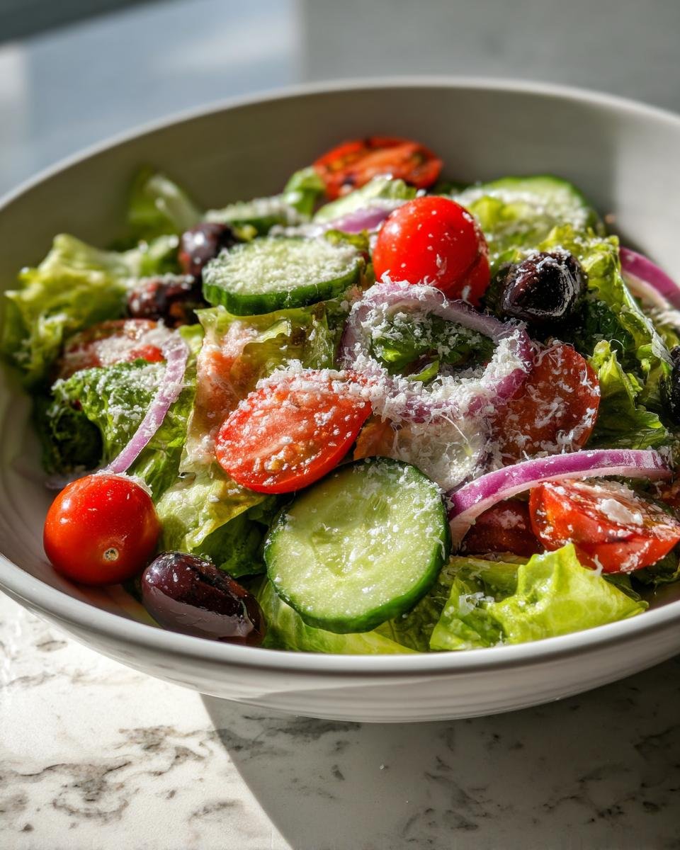 A bowl of Irresistibly Quick And Easy Italian Salad featuring lettuce, tomatoes, cucumbers, red onion, olives, and grated cheese.