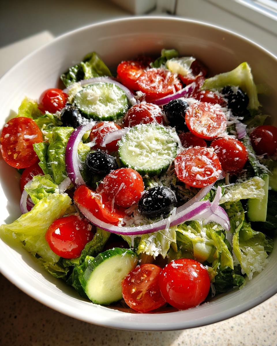 A vibrant bowl featuring an Irresistibly Quick And Easy Italian Salad Recipe with lettuce, cherry tomatoes, cucumbers, red onion, olives, and grated cheese.