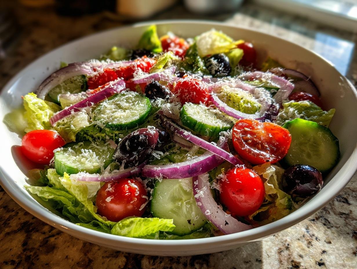 A vibrant bowl featuring the Irresistibly Quick And Easy Italian Salad Recipe with lettuce, tomatoes, cucumbers, red onion, olives, and grated cheese.