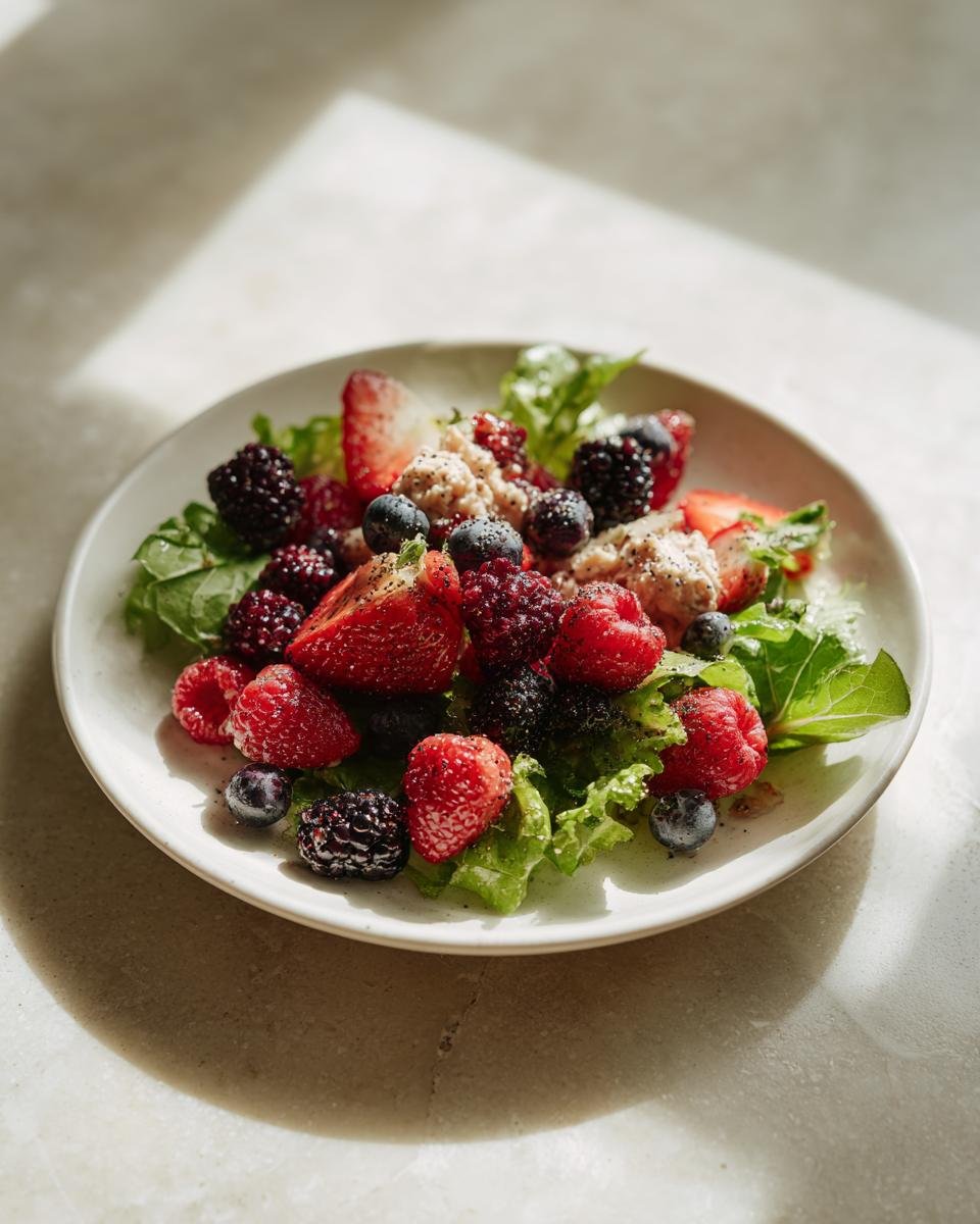 Close-up of Refreshing Berry Chicken Salad with mixed berries, greens, and poppy seed dressing.