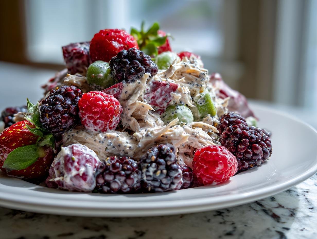 A mound of Refreshing Berry Chicken Salad mixed with a creamy poppy seed dressing, topped with fresh raspberries, blackberries, and strawberries.