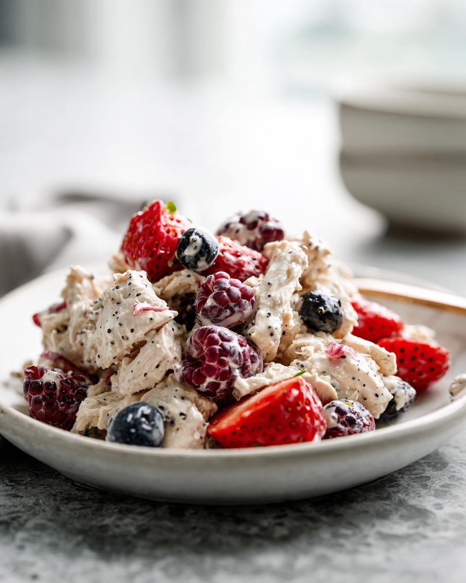 Close-up of Refreshing Berry Chicken Salad With Poppy Seed Dressing featuring shredded chicken, strawberries, blueberries, and raspberries.