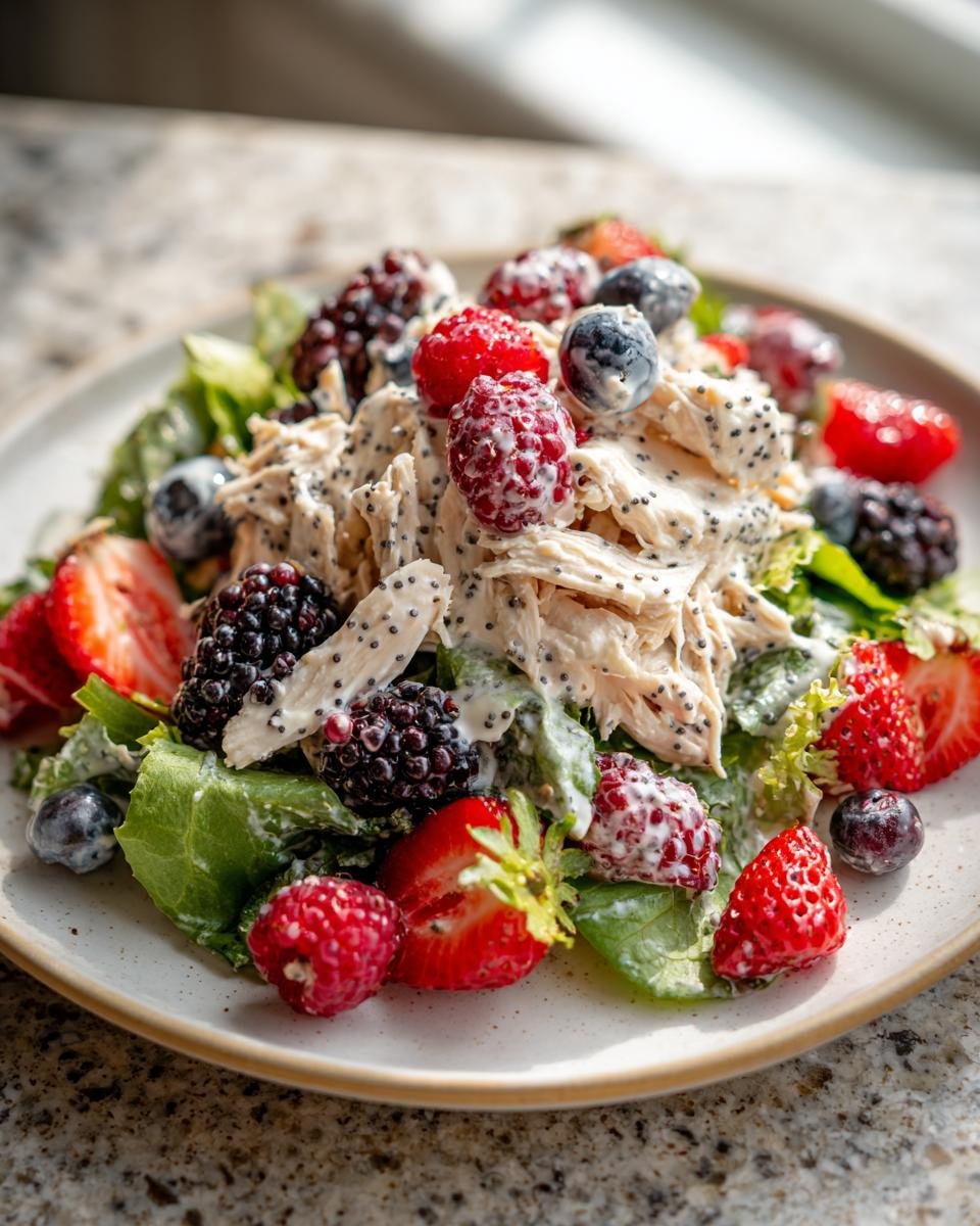 Close-up of Refreshing Berry Chicken Salad With Poppy Seed Dressing featuring shredded chicken, mixed berries, and greens.
