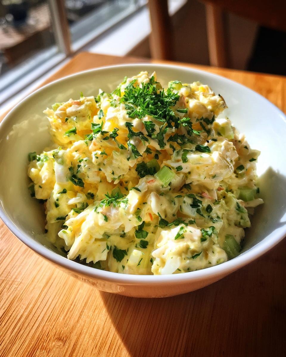A bowl filled with creamy, yellow Refreshing Crab Salad Recipe For Summer Picnics, garnished with fresh parsley.