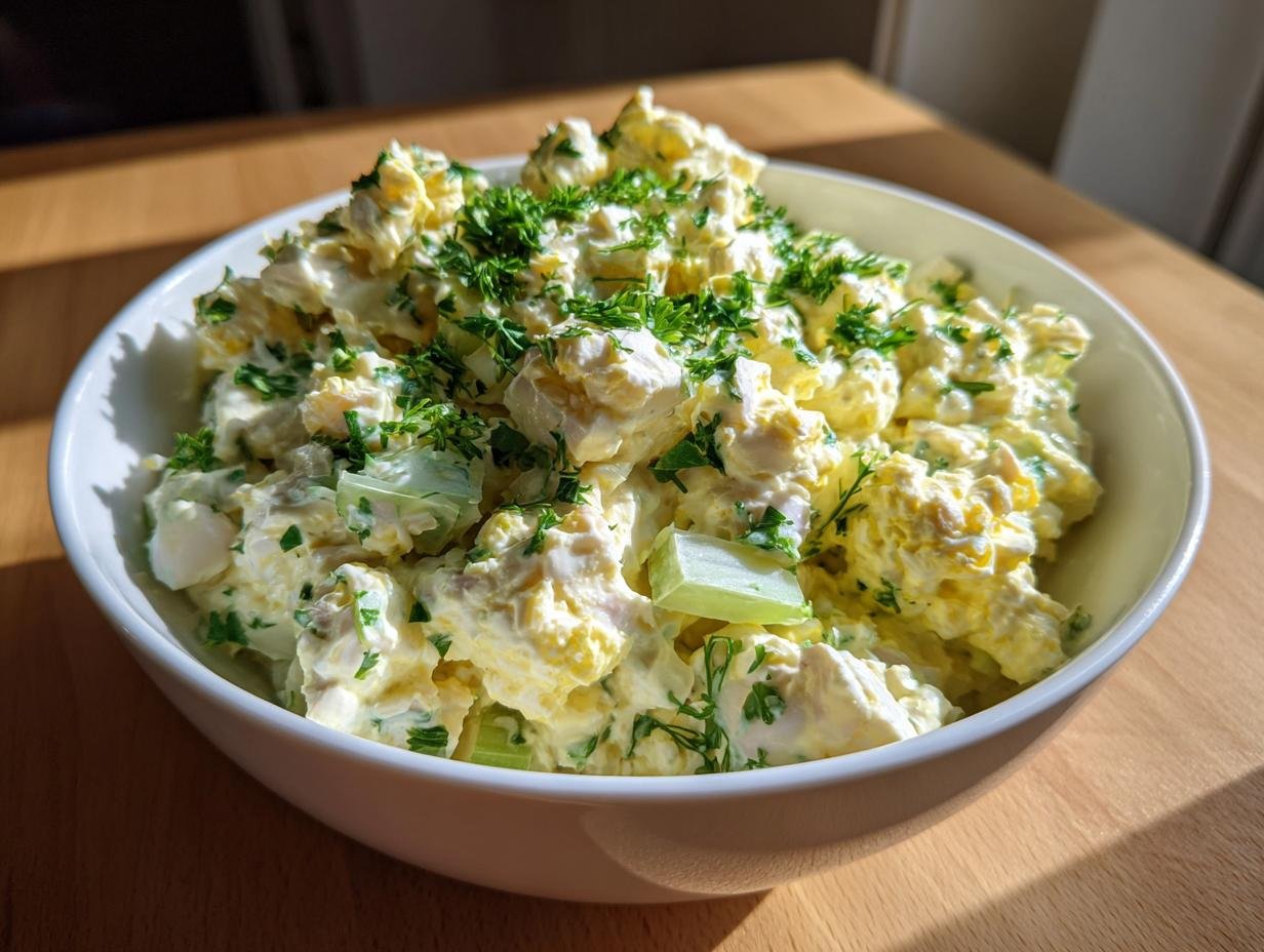 A creamy, yellow-tinted bowl filled with Refreshing Crab Salad Recipe For Summer Picnics, topped with fresh chopped parsley.