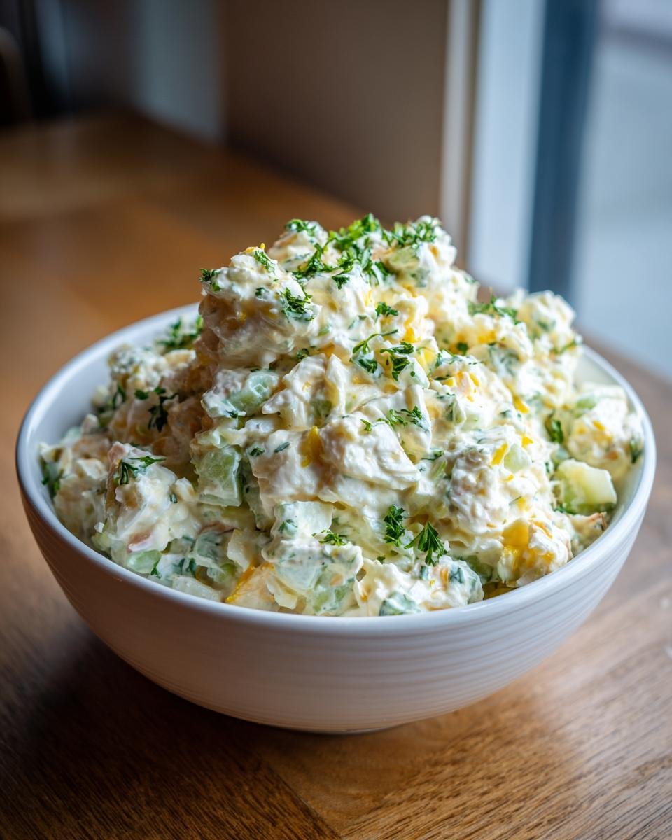A large white bowl filled high with creamy, refreshing crab salad recipe, garnished with fresh parsley.