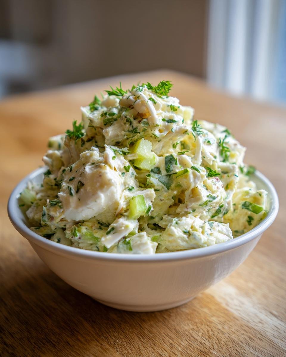 A white bowl filled high with a creamy, chunky Refreshing Crab Salad Recipe For Summer Picnics, garnished with fresh dill.
