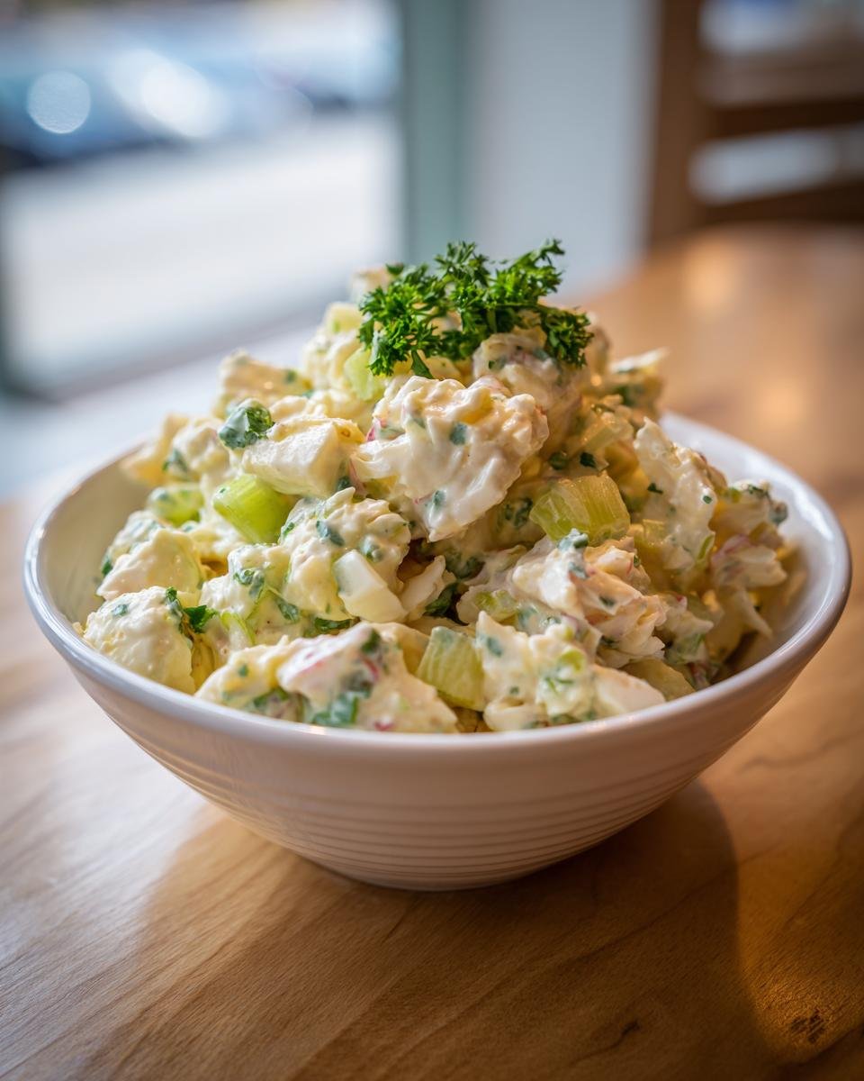 A white bowl filled with creamy, chunky Refreshing Crab Salad Recipe For Summer Picnics, garnished with parsley.