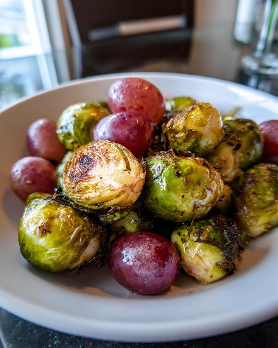 Close-up of roasted Brussels sprouts mixed with sweet red grapes in a white bowl.