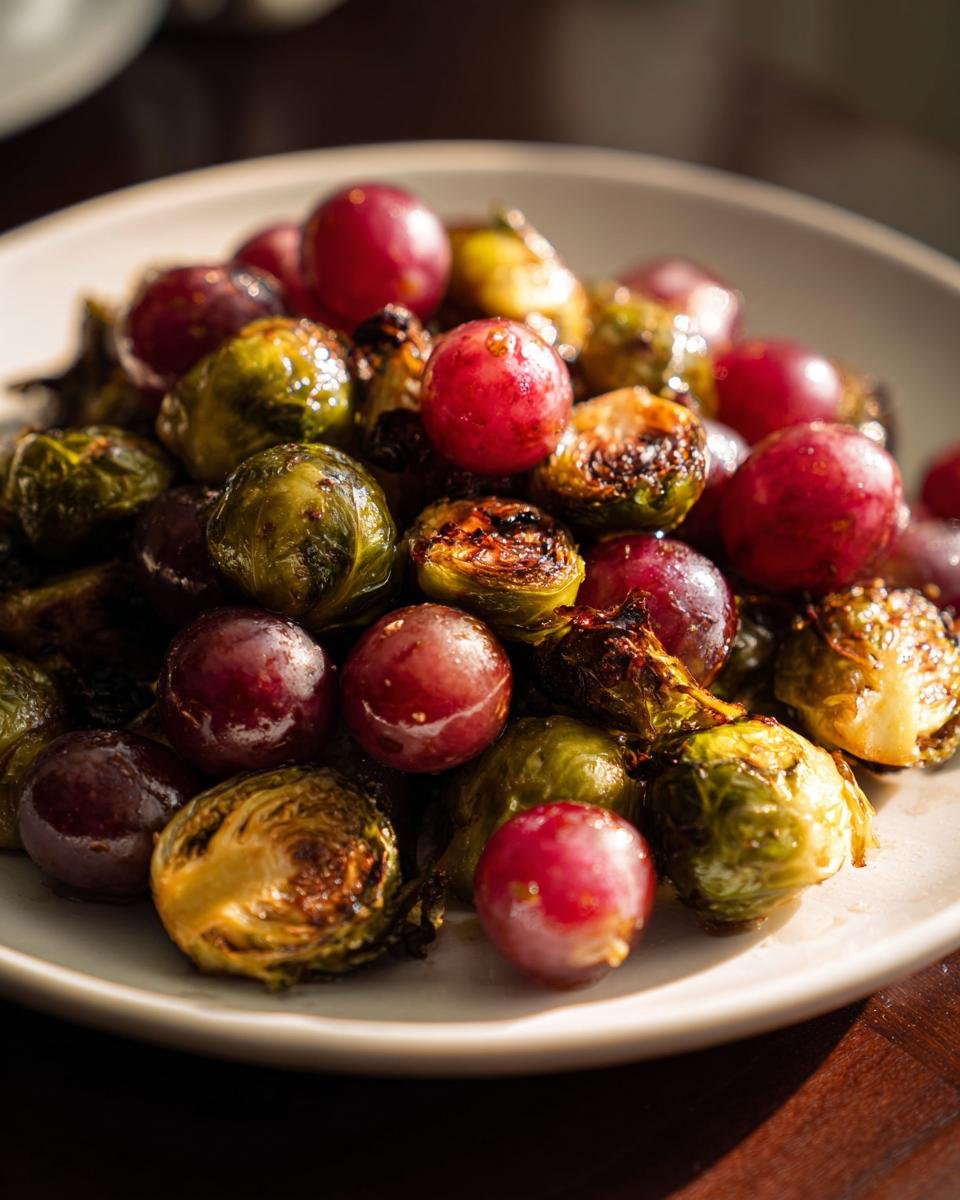 Close-up of perfectly caramelized Roasted Brussels Sprouts Grapes served on a light plate.