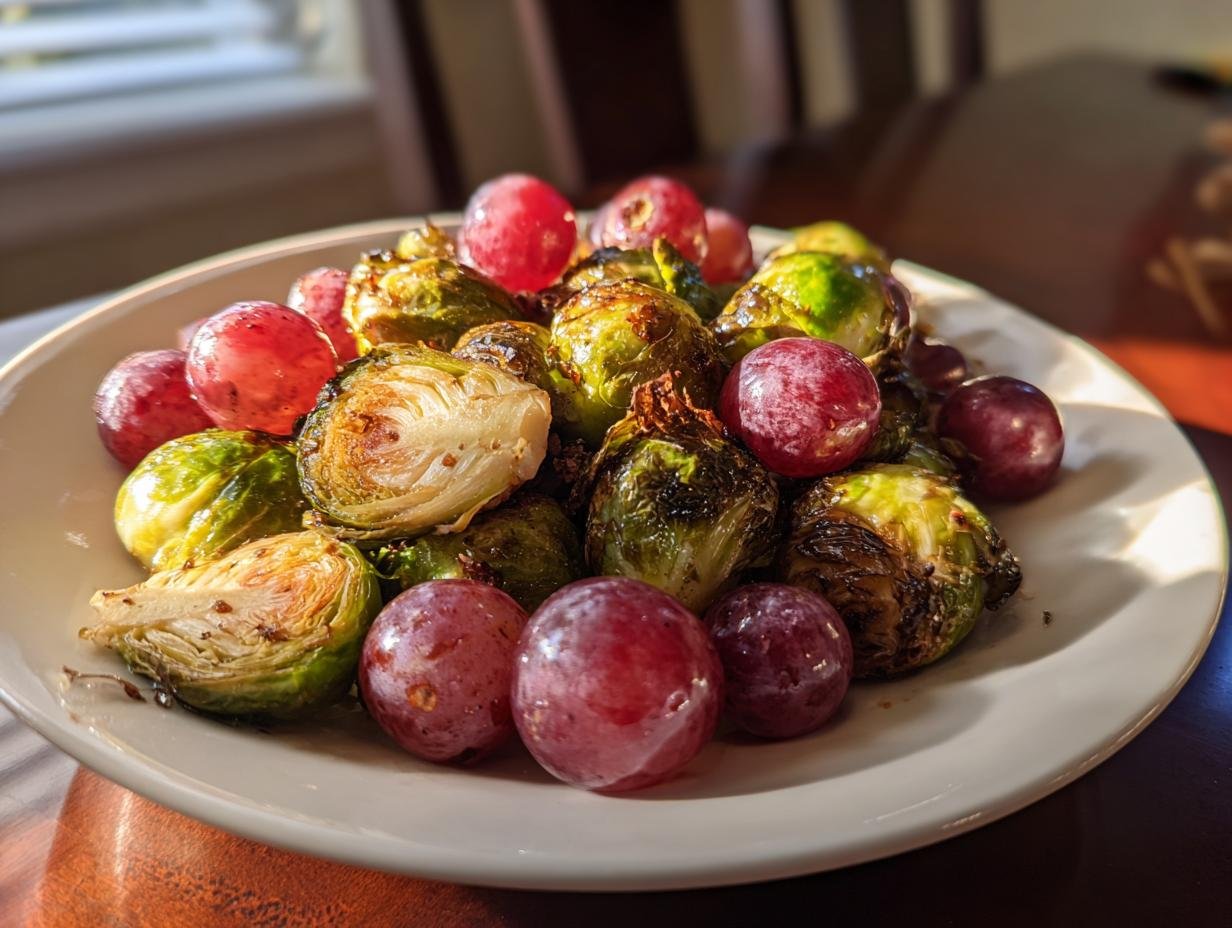 Close-up of perfectly Roasted Brussels Sprouts Grapes mixture served on a white plate.