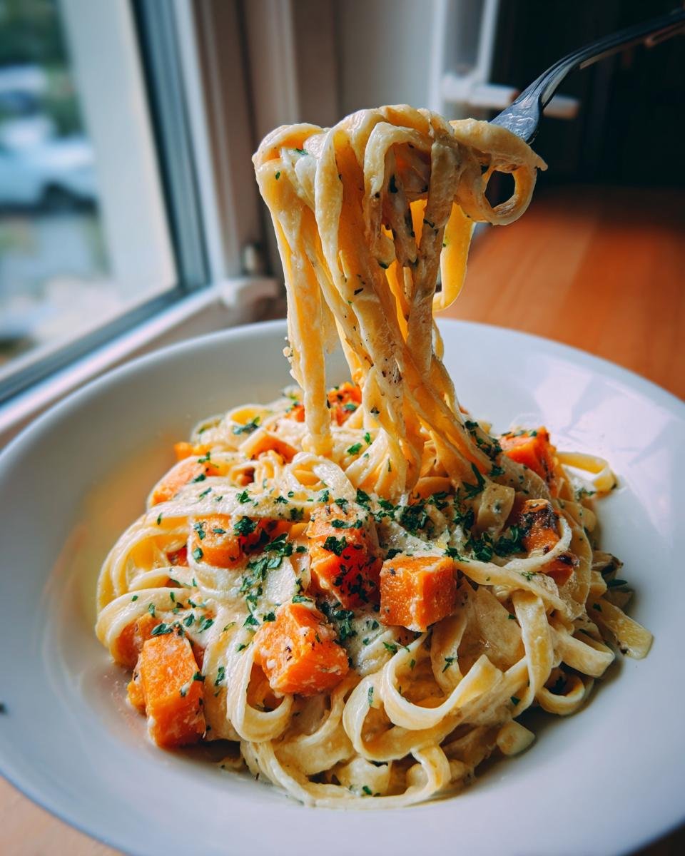 A fork lifts creamy fettuccine noodles from a bowl of Roasted Butternut Squash Pasta With Parmesan Garlic Sauce, topped with roasted squash cubes.