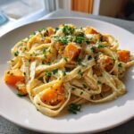 Close-up of Roasted Butternut Squash Pasta with Parmesan Garlic Sauce, topped with fresh parsley.