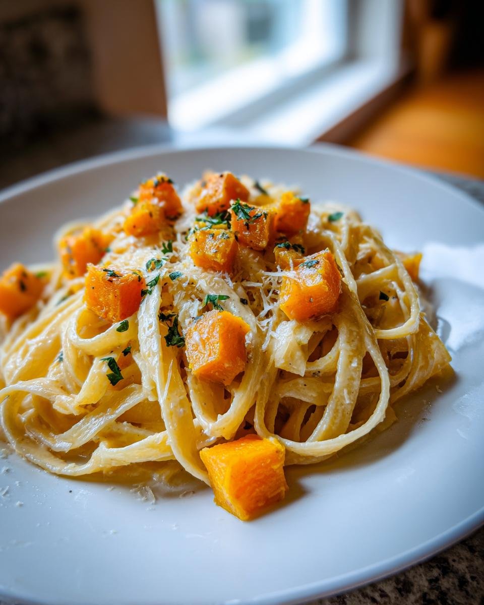 Close-up of Roasted Butternut Squash Pasta With Parmesan Garlic Sauce topped with grated cheese and parsley.