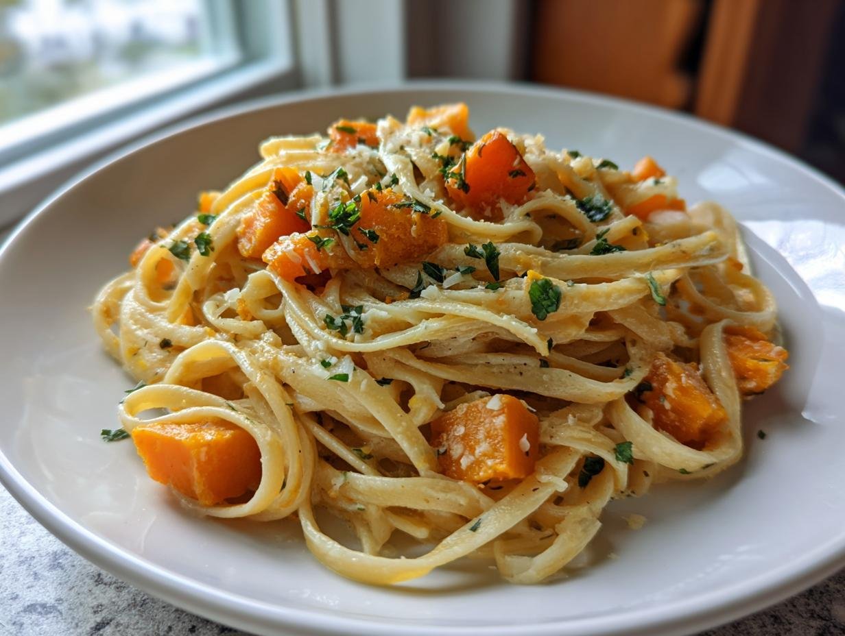 A close-up of Roasted Butternut Squash Pasta With Parmesan Garlic Sauce, featuring fettuccine coated in creamy sauce and topped with squash cubes and parsley.