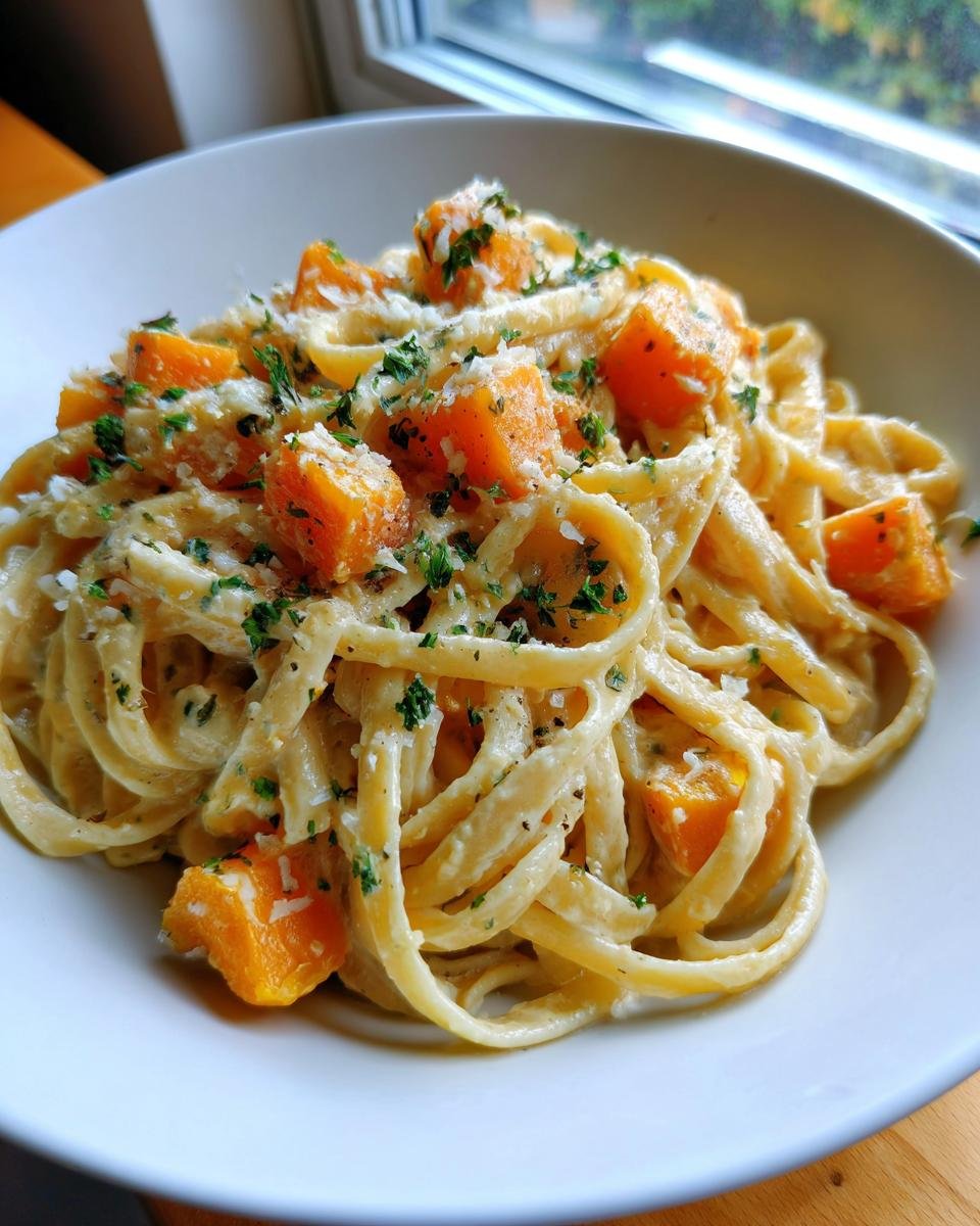 A bowl of Roasted Butternut Squash Pasta With Parmesan Garlic Sauce, topped with roasted squash cubes and fresh parsley.