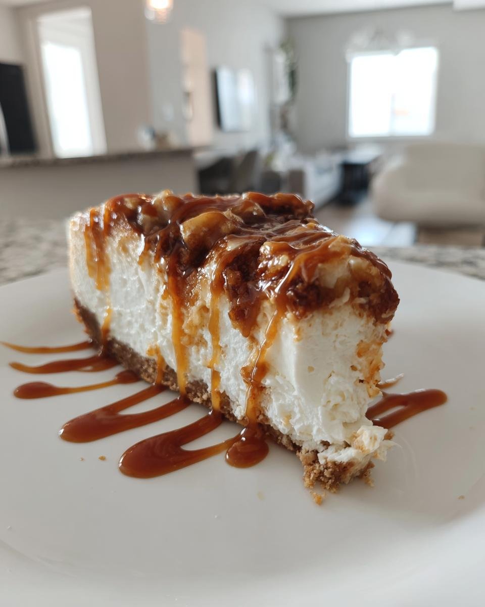 A decadent slice of Irresistible Salted Caramel Apple Pie Cheesecake drizzled with caramel on a white plate.