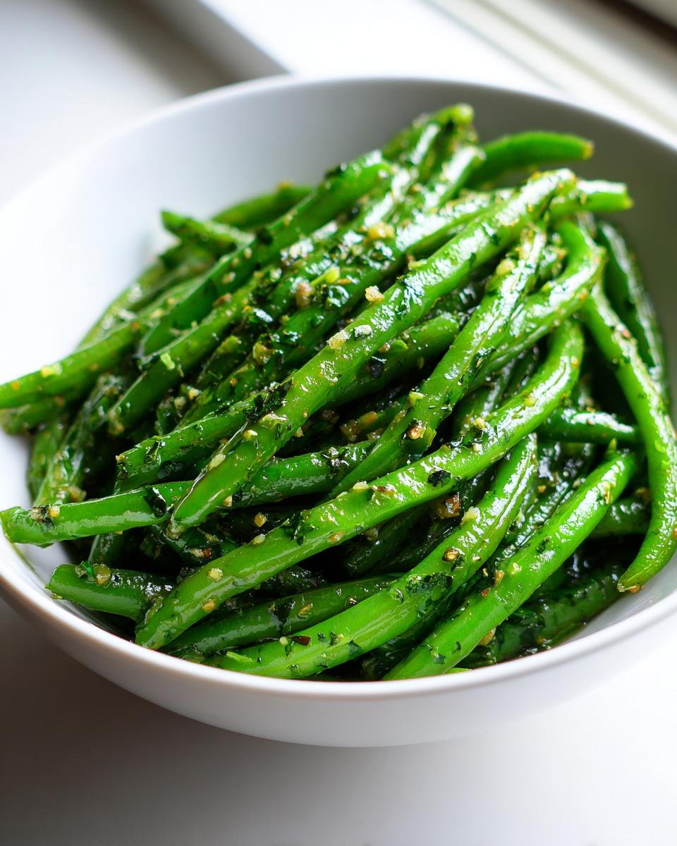 A white bowl filled with vibrant Sauteed Lemon Garlic Herb Green Beans glistening with seasoning.