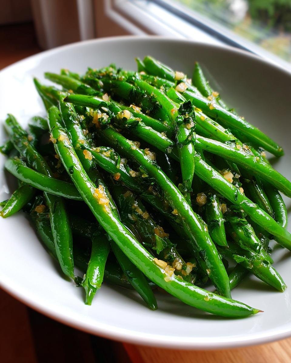 Close-up of vibrant Sauteed Lemon Garlic Herb Green Beans tossed with minced garlic and herbs in a white bowl.