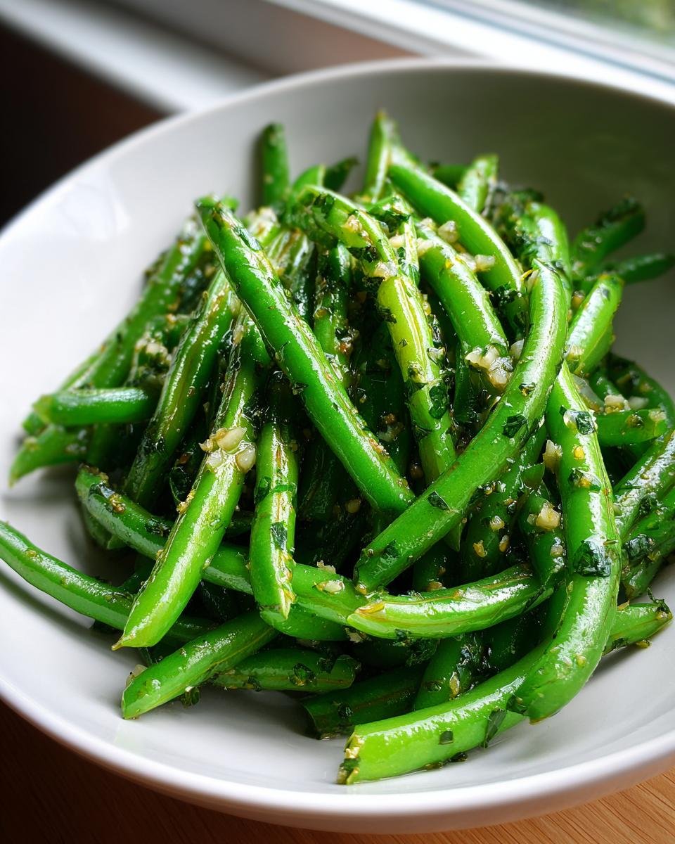 Close-up of vibrant Sauteed Lemon Garlic Herb Green Beans tossed in minced garlic and parsley in a white bowl.