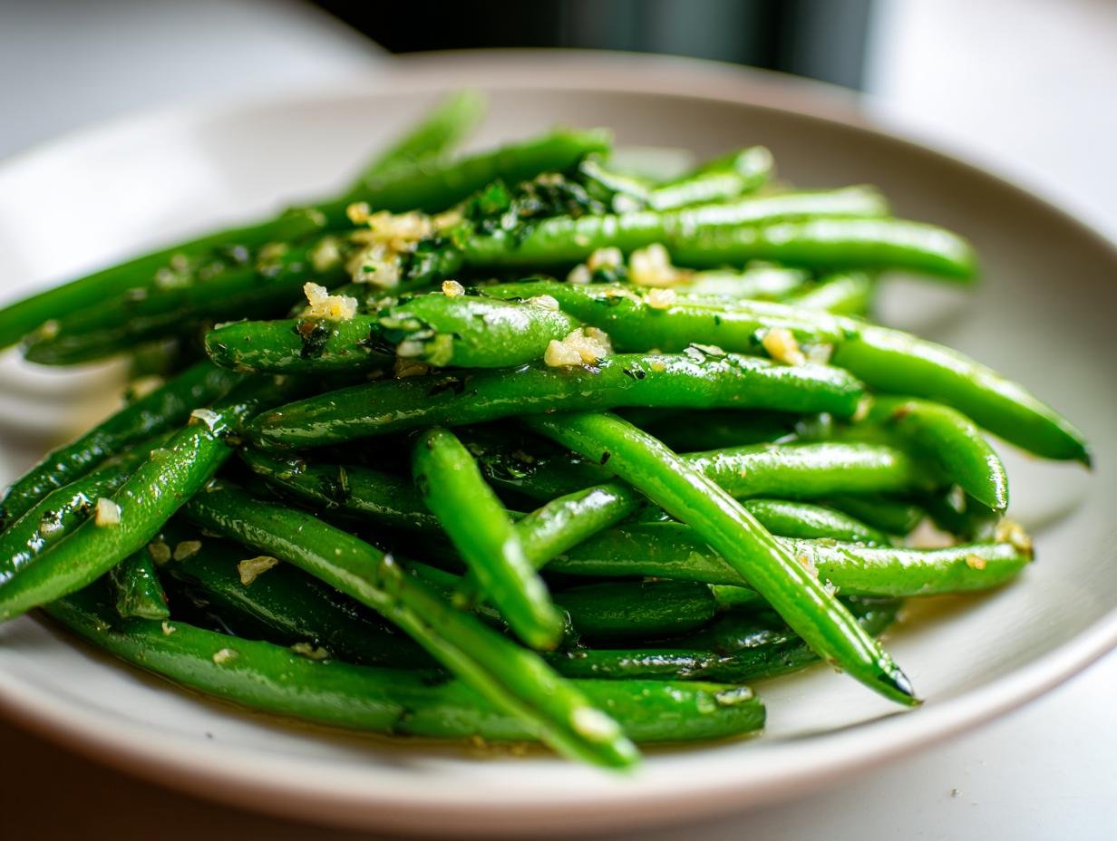 Vibrant green beans tossed with minced garlic and herbs, ready to serve as Sauteed Lemon Garlic Herb Green Beans.